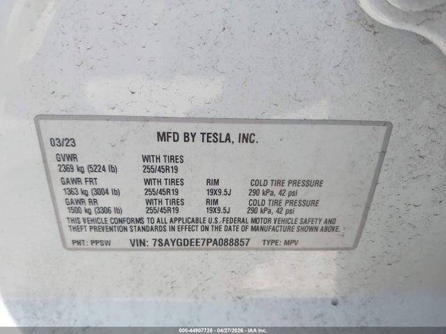 Продаж на аукціоні авто 2023 Tesla Model Y Awd/long Range Dual Motor All-wheel Drive, vin: 7SAYGDEE7PA088857, номер лоту: 44907728