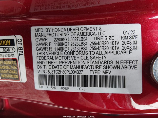 44907735 :رقم المزاد ، 5J8TC2H80PL004327 vin ، 2023 Acura Rdx A-spec Advance Package مزاد بيع
