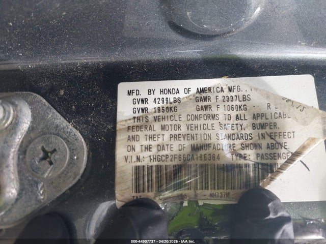 44907737 :رقم المزاد ، 1HGCP2F66CA196364 vin ، 2012 Honda Accord 2.4 Se مزاد بيع