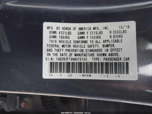 Aukcja sprzedaży 2017 Honda Accord Sport Se, vin: 1HGCR2F19HA075155, numer aukcji: 44907741