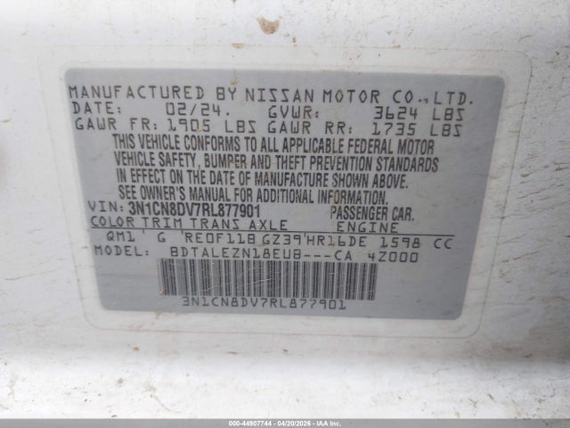 44907744 :رقم المزاد ، 3N1CN8DV7RL877901 vin ، 2024 Nissan Versa 1.6 S مزاد بيع