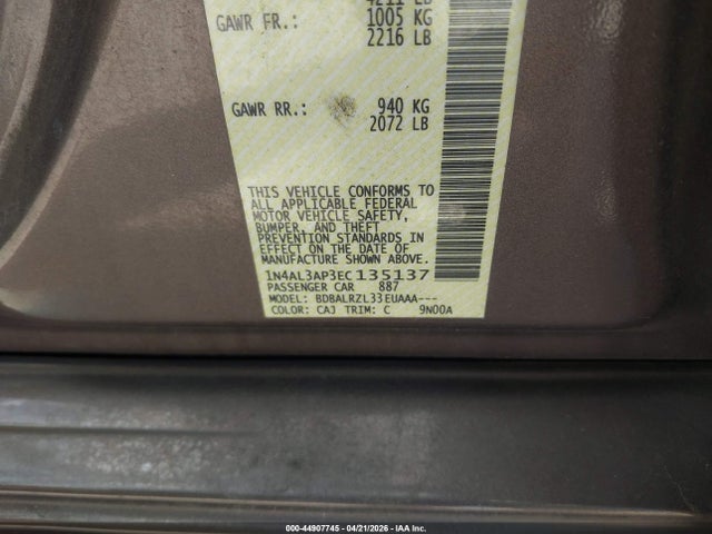 44907745 :رقم المزاد ، 1N4AL3AP3EC135137 vin ، 2014 Nissan Altima 2.5 S مزاد بيع