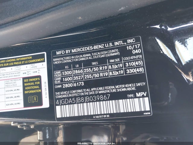 44907775 :رقم المزاد ، 4JGDA5JB8JB039867 vin ، 2018 Mercedes-benz Gle 350 مزاد بيع