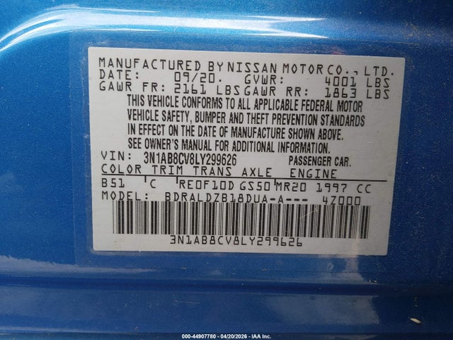 2020 Nissan Sentra Sv Xtronic Cvt მანქანა იყიდება აუქციონზე, vin: 3N1AB8CV8LY299626, აუქციონის ნომერი: 44907780