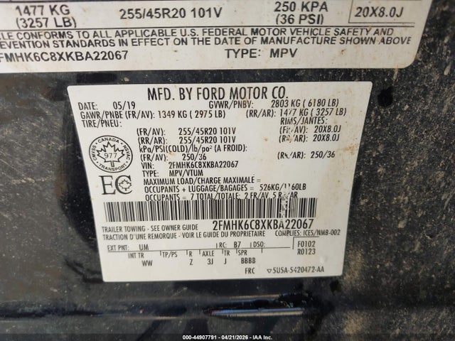 44907791 :رقم المزاد ، 2FMHK6C8XKBA22067 vin ، 2019 Ford Flex Sel مزاد بيع