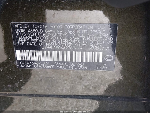 Продаж на аукціоні авто 2010 Lexus Es 350, vin: JTHBK1EGXA2387479, номер лоту: 44907792