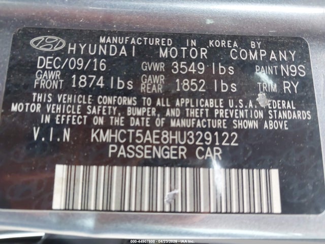 44907800 :رقم المزاد ، KMHCT5AE8HU329122 vin ، 2017 Hyundai Accent Se مزاد بيع