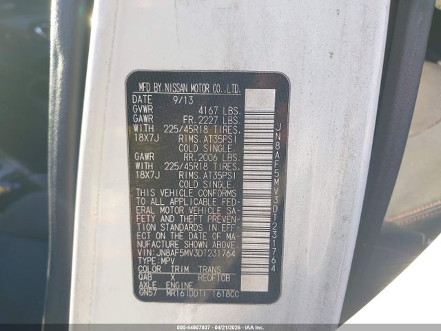 44907807 :رقم المزاد ، JN8AF5MV3DT231764 vin ، 2013 Nissan Juke Nismo مزاد بيع