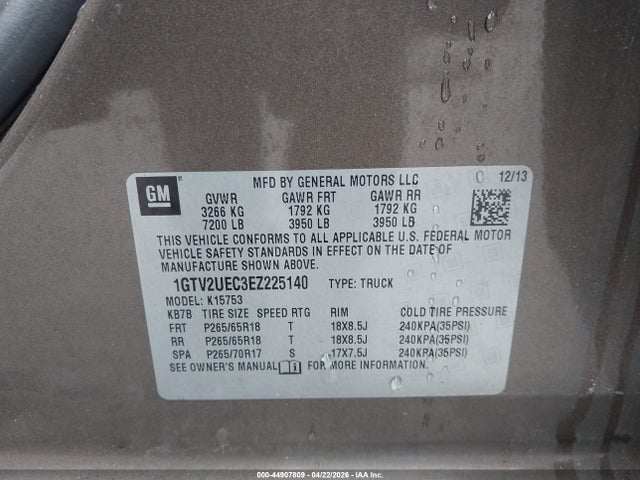 44907809 :رقم المزاد ، 1GTV2UEC3EZ225140 vin ، 2014 Gmc Sierra 1500 Sle مزاد بيع