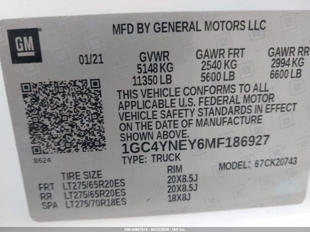 2021 Chevrolet Silverado 2500hd მანქანა იყიდება აუქციონზე, vin: 1GC4YNEY6MF186927, აუქციონის ნომერი: 44907815