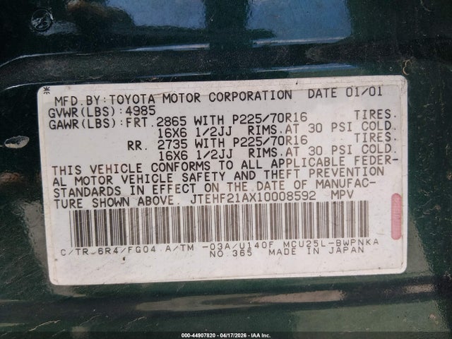 44907820 :رقم المزاد ، JTEHF21AX10008592 vin ، 2001 Toyota Highlander V6 مزاد بيع