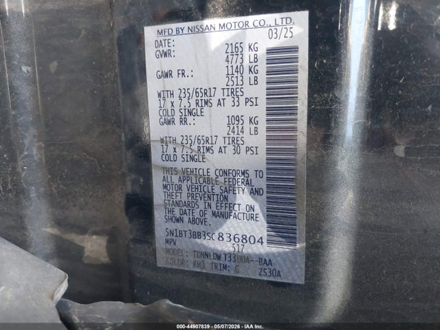 44907839 :رقم المزاد ، 5N1BT3BB3SC836804 vin ، 2025 Nissan Rogue Rock Creek مزاد بيع