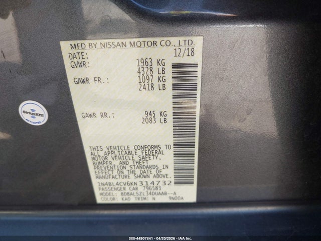 2019 Nissan Altima 2.5 Sr მანქანა იყიდება აუქციონზე, vin: 1N4BL4CV6KN314732, აუქციონის ნომერი: 44907841