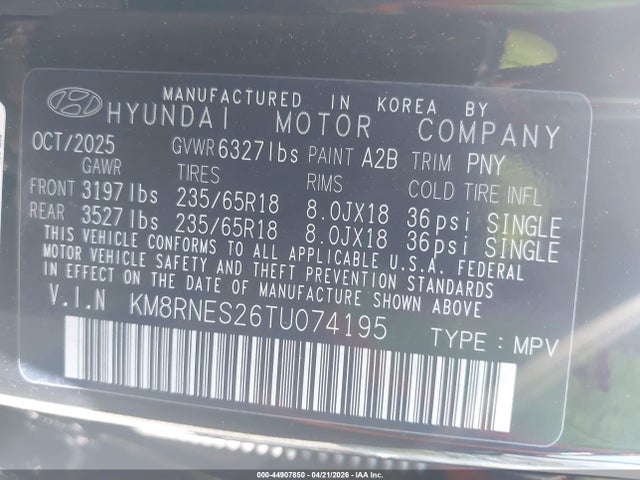 2026 Hyundai Palisade Sel Premium მანქანა იყიდება აუქციონზე, vin: KM8RNES26TU074195, აუქციონის ნომერი: 44907850