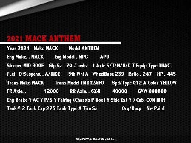 2021 Mack Anthem მანქანა იყიდება აუქციონზე, vin: 1M1AN4GY1MM020877, აუქციონის ნომერი: 44907855