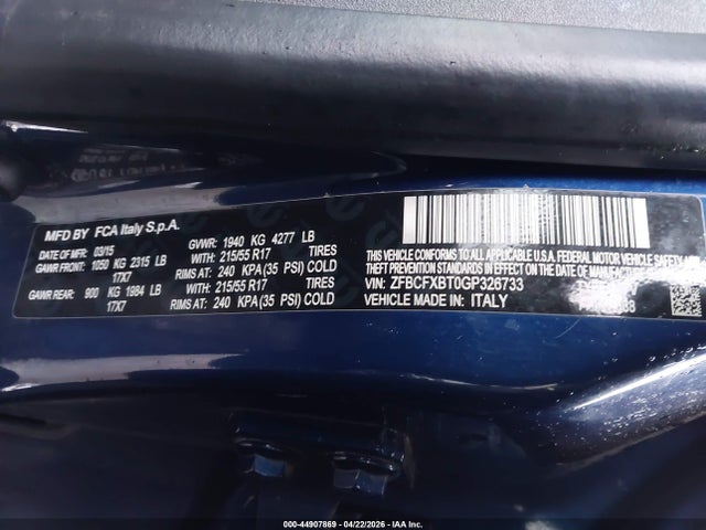 Aukcja sprzedaży 2016 Fiat 500x Easy, vin: ZFBCFXBT0GP326733, numer aukcji: 44907869
