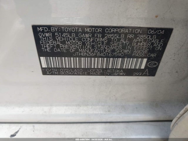 44907894 :رقم المزاد ، JTHBN36F840167590 vin ، 2004 Lexus Ls 430 مزاد بيع