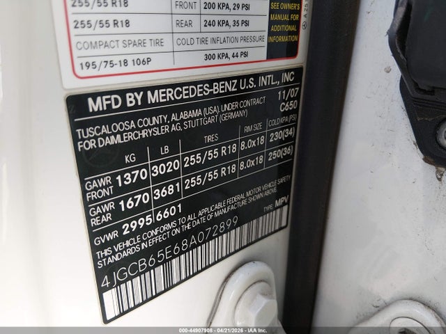 44907908 :رقم المزاد ، 4JGCB65E68A072899 vin ، 2008 Mercedes-benz R 350 4matic مزاد بيع