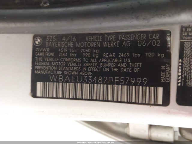 44907916 :رقم المزاد ، WBAEU33482PF57999 vin ، 2002 Bmw 325xi مزاد بيع