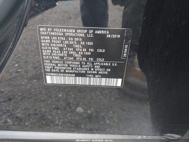 Aukcja sprzedaży 2019 Volkswagen Atlas 3.6l V6 Se W/technology, vin: 1V2WR2CA9KC583068, numer aukcji: 44907917