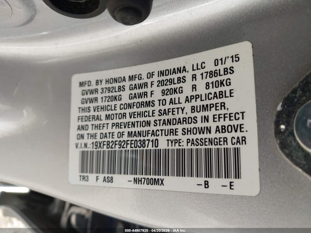 44907920 :رقم المزاد ، 19XFB2F92FE038710 vin ، 2015 Honda Civic Ex-l مزاد بيع