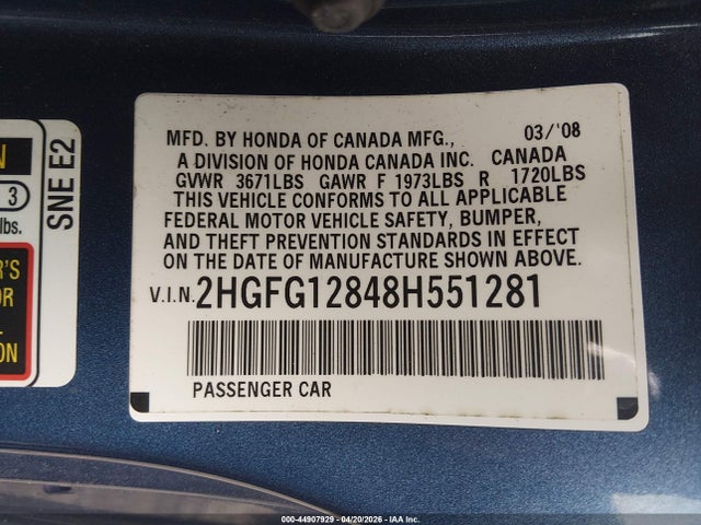 2008 Honda Civic Ex მანქანა იყიდება აუქციონზე, vin: 2HGFG12848H551281, აუქციონის ნომერი: 44907929