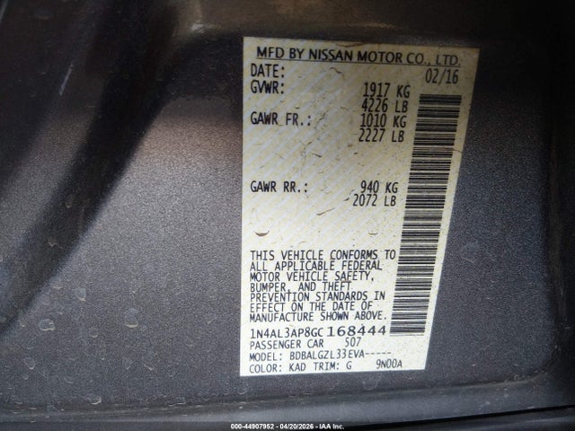 1N4AL3AP8GC168444 Nissan Altima 2.5/2.5 S/2.5 Sl/2.5 Sr/2.5 Sv