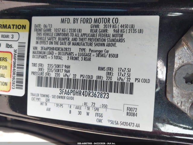44907958 :رقم المزاد ، 3FA6P0HR4DR362823 vin ، 2013 Ford Fusion Se مزاد بيع