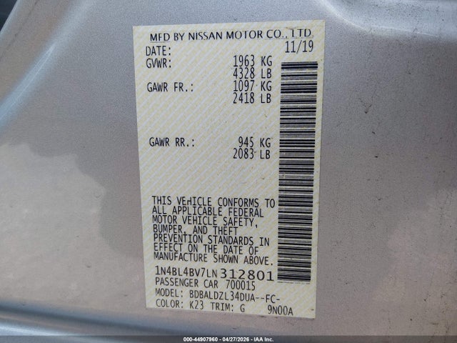 Продаж на аукціоні авто 2020 Nissan Altima S Fwd, vin: 1N4BL4BV7LN312801, номер лоту: 44907960