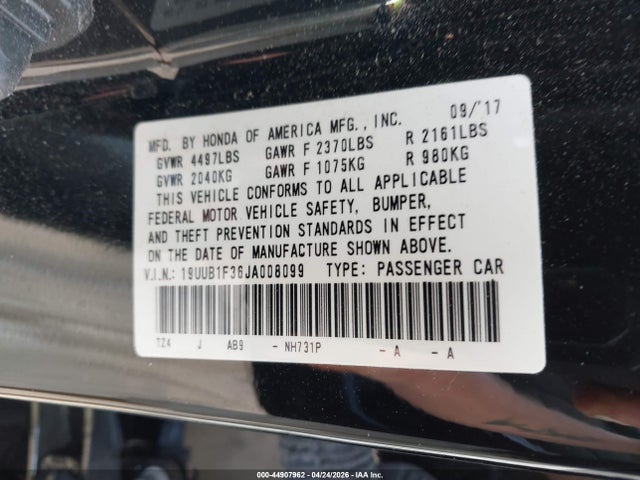 2018 Acura Tlx მანქანა იყიდება აუქციონზე, vin: 19UUB1F36JA008099, აუქციონის ნომერი: 44907962