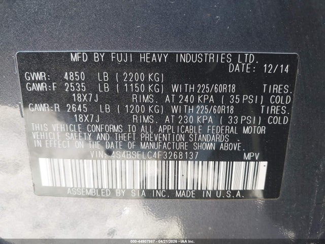 Продаж на аукціоні авто 2015 Subaru Outback 3.6r Limited, vin: 4S4BSELC4F3268137, номер лоту: 44907987