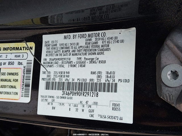 44908011 :رقم المزاد ، 3FA6P0H90FR291218 vin ، 2015 Ford Fusion Se مزاد بيع