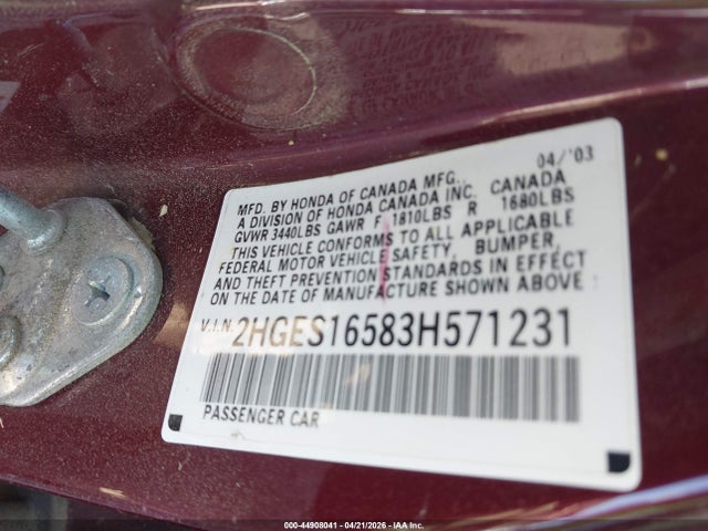 Продажа на аукционе авто 2003 Honda Civic Lx, vin: 2HGES16583H571231, номер лота: 44908041