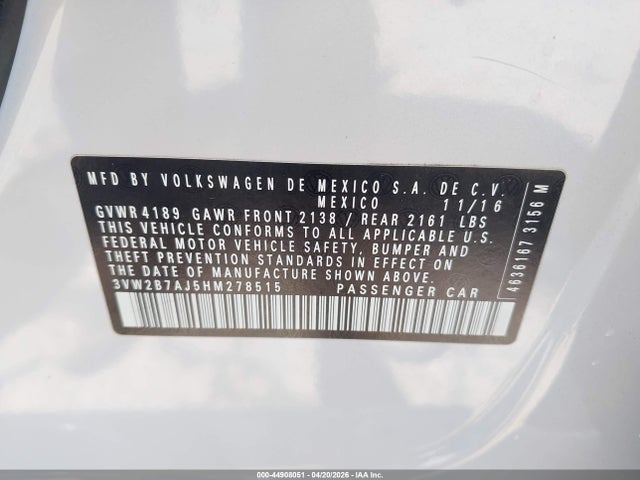44908051 :رقم المزاد ، 3VW2B7AJ5HM278515 vin ، 2017 Volkswagen Jetta 1.4t S مزاد بيع