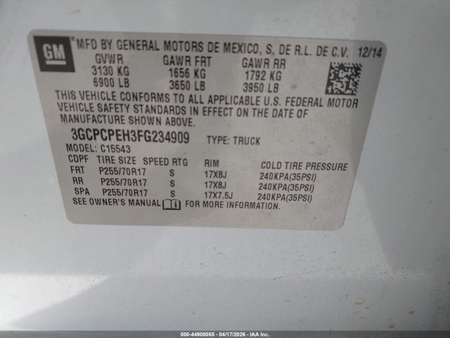 2015 Chevrolet Silverado 1500 Ls მანქანა იყიდება აუქციონზე, vin: 3GCPCPEH3FG234909, აუქციონის ნომერი: 44908055