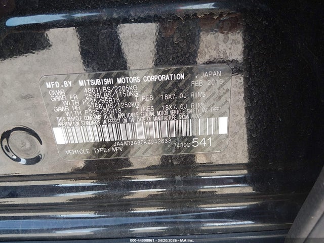Aukcja sprzedaży 2019 Mitsubishi Outlander Se, vin: JA4AD3A30KZ042633, numer aukcji: 44908061