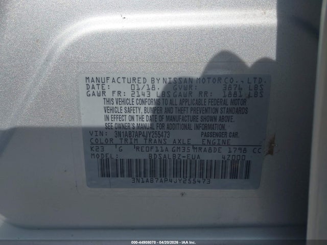 Aukcja sprzedaży 2018 Nissan Sentra S, vin: 3N1AB7AP4JY255473, numer aukcji: 44908070