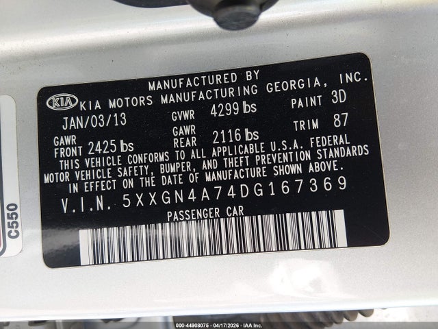Продаж на аукціоні авто 2013 Kia Optima Ex, vin: 5XXGN4A74DG167369, номер лоту: 44908075