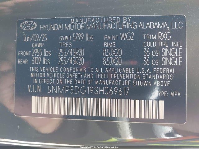Aukcja sprzedaży 2025 Hyundai Santa Fe Hybrid Calligraphy, vin: 5NMP5DG19SH069617, numer aukcji: 44908076