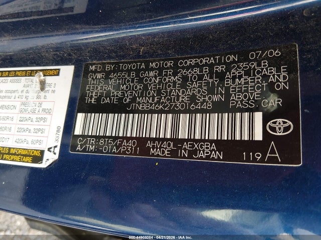 Продажа на аукционе авто 2007 Toyota Camry Hybrid, vin: JTNBB46K273016448, номер лота: 44908084
