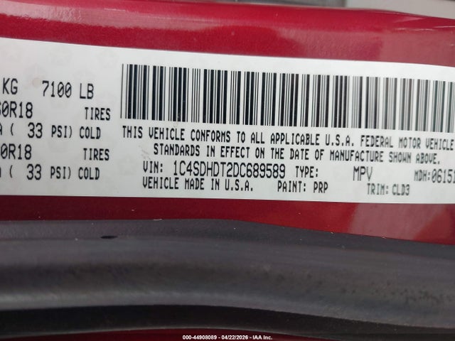 44908089 :رقم المزاد ، 1C4SDHDT2DC689589 vin ، 2013 Dodge Durango Crew مزاد بيع