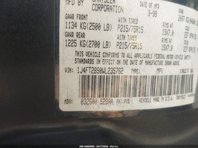 44908095 :رقم المزاد ، 1J4FT28S0WL235762 vin ، 1998 Jeep Cherokee Se مزاد بيع