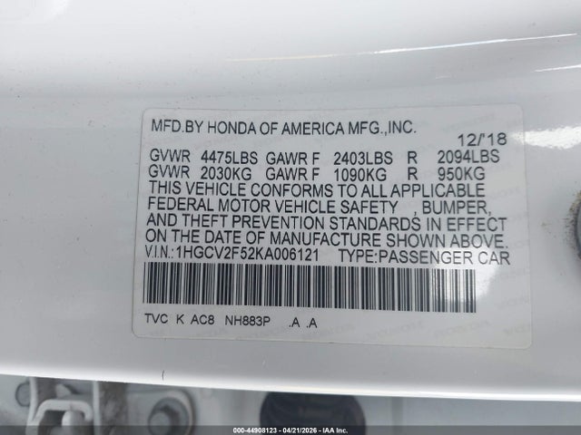 1HGCV2F52KA006121 Honda Accord Ex-l 2.0t