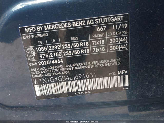 44908138 :رقم المزاد ، W1NTG4GB4LJ691631 vin ، 2020 Mercedes-benz Gla 250 4matic مزاد بيع