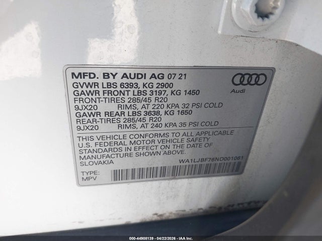44908139 :رقم المزاد ، WA1LJBF76ND001061 vin ، 2022 Audi Q7 Premium Plus 45 Tfsi Quattro Tiptronic مزاد بيع