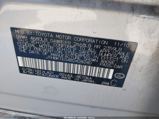 44908140 :رقم المزاد ، JTHBK1EG4B2428240 vin ، 2011 Lexus Es 350 مزاد بيع