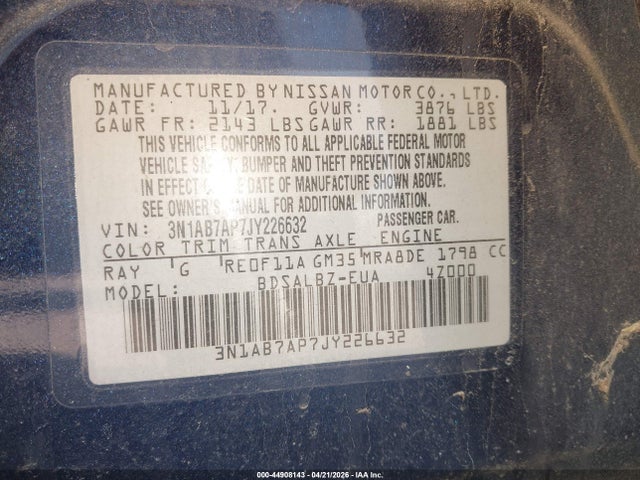 Продаж на аукціоні авто 2018 Nissan Sentra S, vin: 3N1AB7AP7JY226632, номер лоту: 44908143