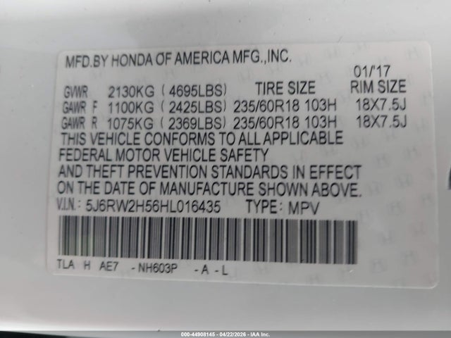 Продажа на аукционе авто 2017 Honda Cr-v Ex, vin: 5J6RW2H56HL016435, номер лота: 44908145