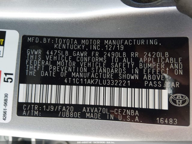 Toyota CAMRY LE 2020 4T1C11AK7LU332221 Image 9