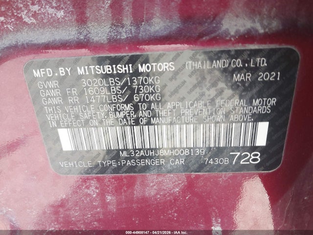 Продаж на аукціоні авто 2021 Mitsubishi Mirage Carbonite Edition/es/le, vin: ML32AUHJ8MH008139, номер лоту: 44908147